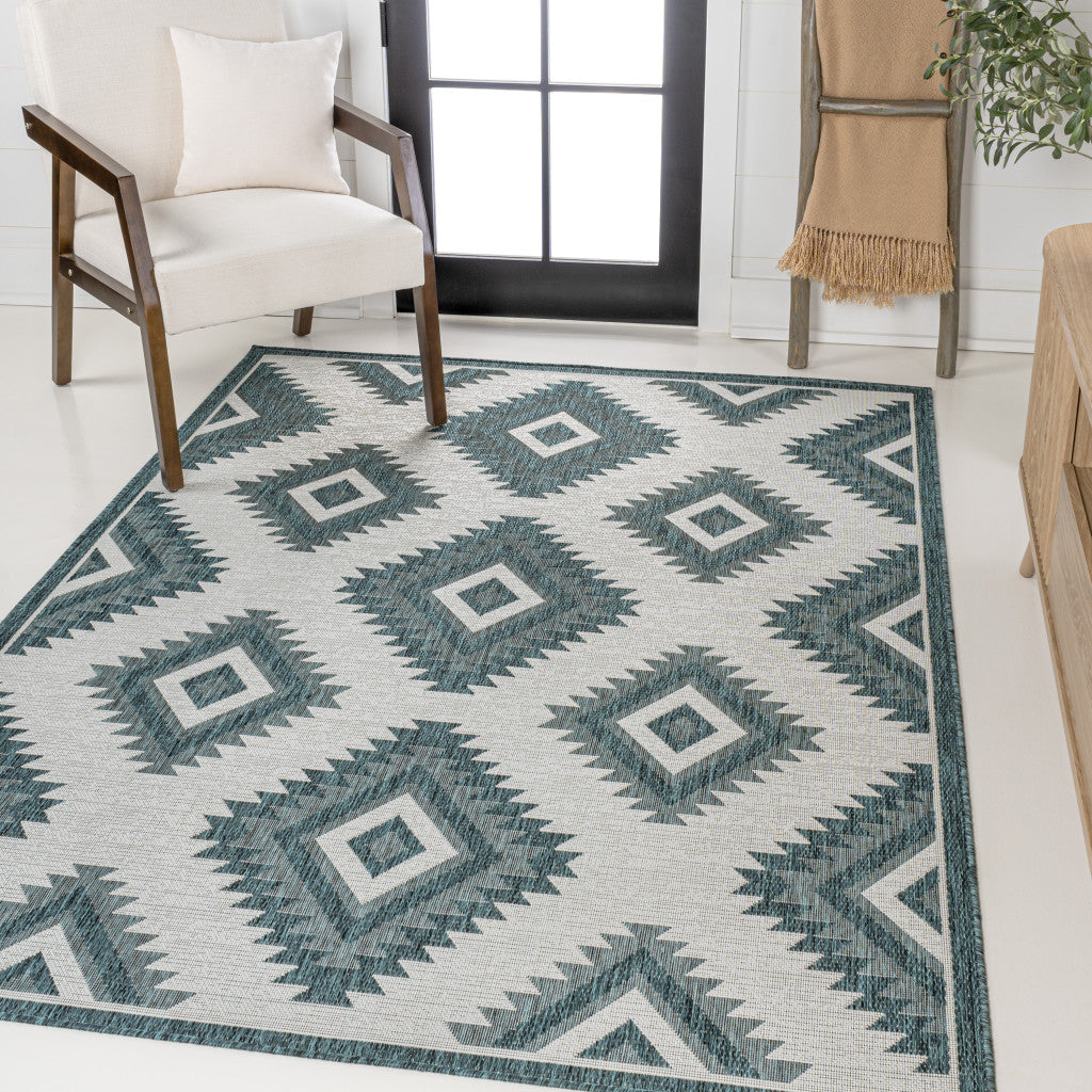 8' X 10' Turquoise And Cream Moroccan Indoor Outdoor Area Rug - GreatEagleInc