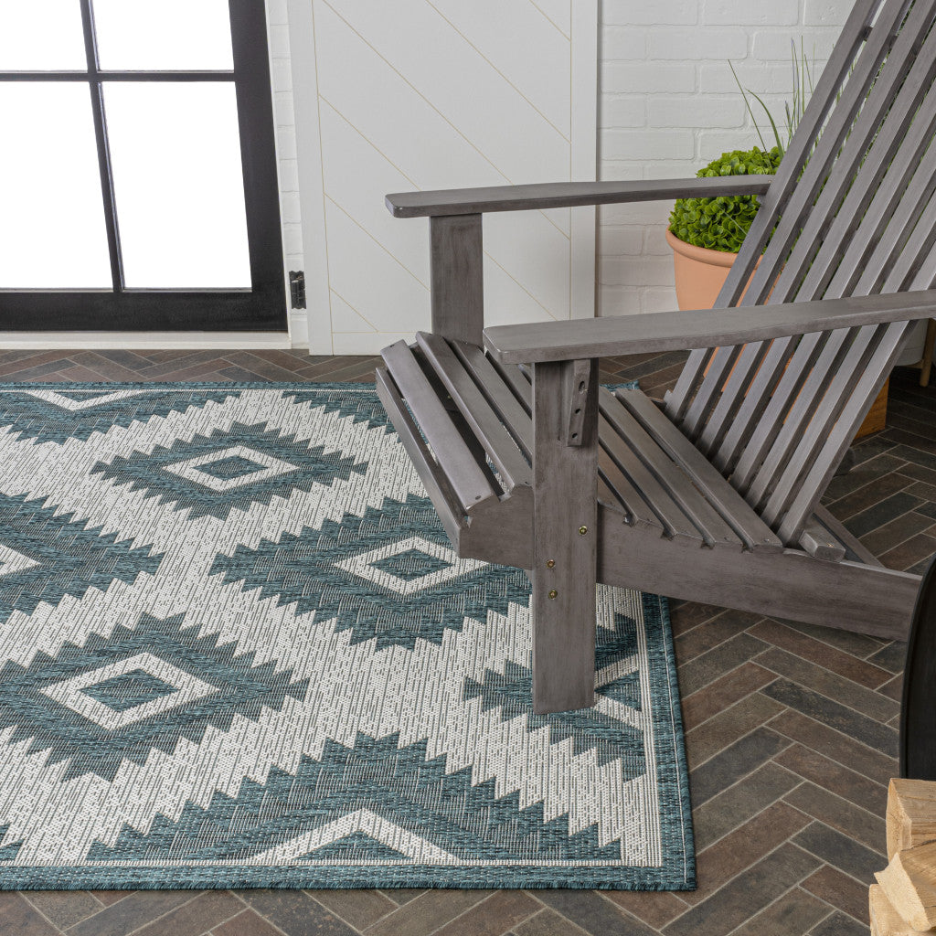 8' X 10' Turquoise And Cream Moroccan Indoor Outdoor Area Rug - GreatEagleInc