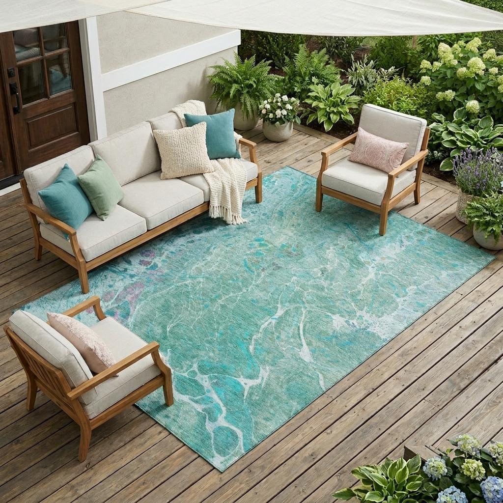 8' X 10' Turquoise And Teal Blue Abstract Washable Indoor Outdoor Area Rug Homeroots Outdoor