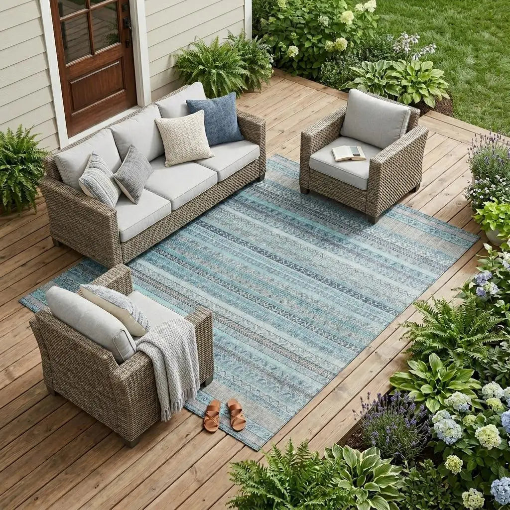 Light blue patterned outdoor rug with gray wicker furniture and soft pillows on a lush green patio.