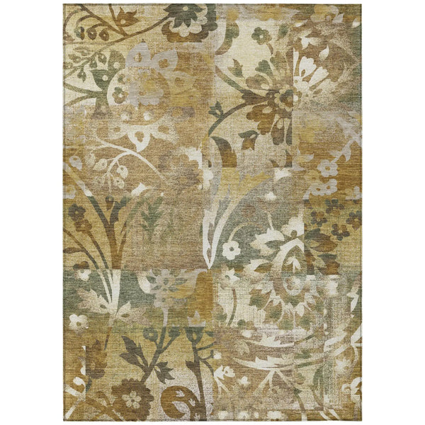8' X 10' Walnut And Gold Botanical Leaves Washable Indoor Outdoor Area Rug Homeroots Outdoor