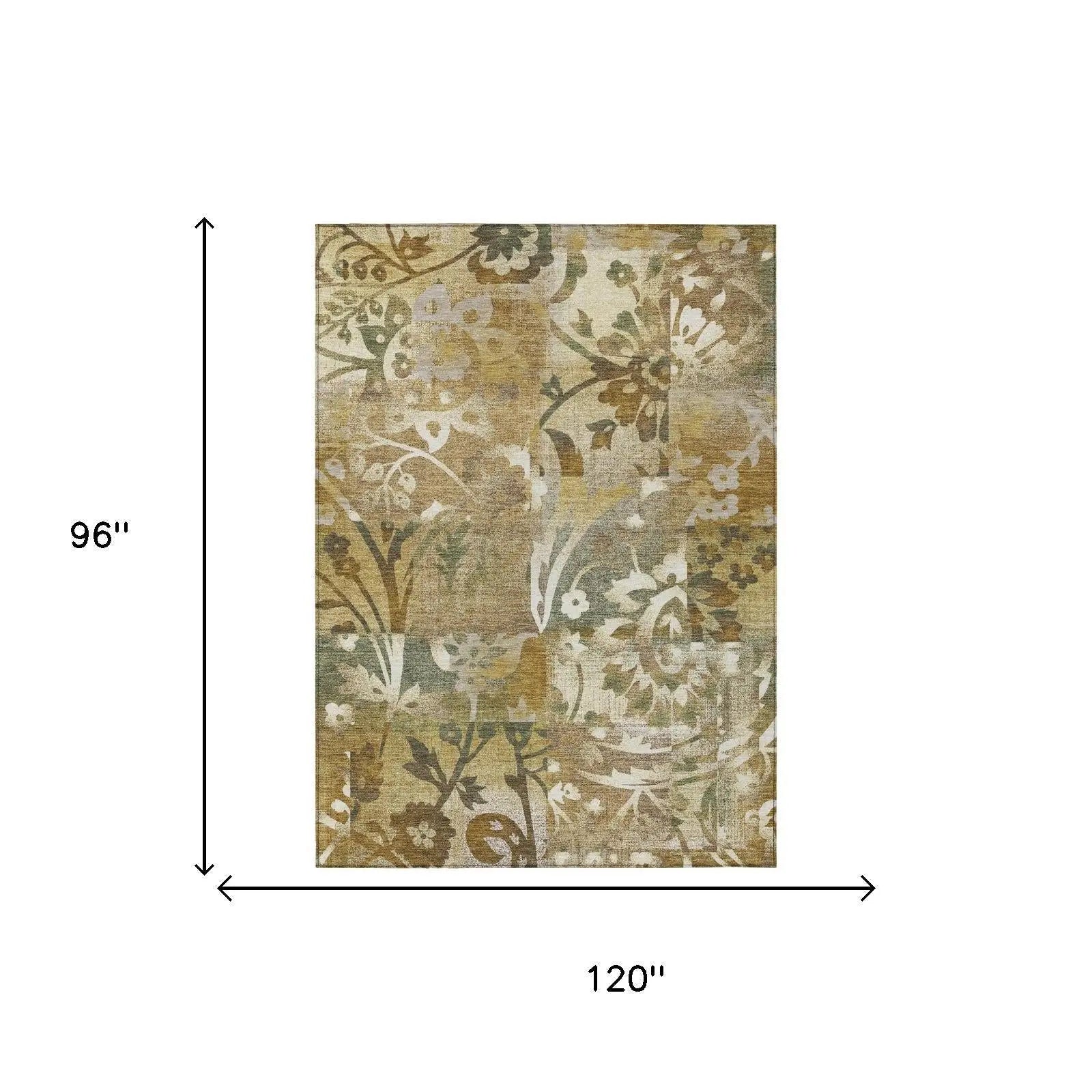8' X 10' Walnut And Gold Botanical Leaves Washable Indoor Outdoor Area Rug Homeroots Outdoor