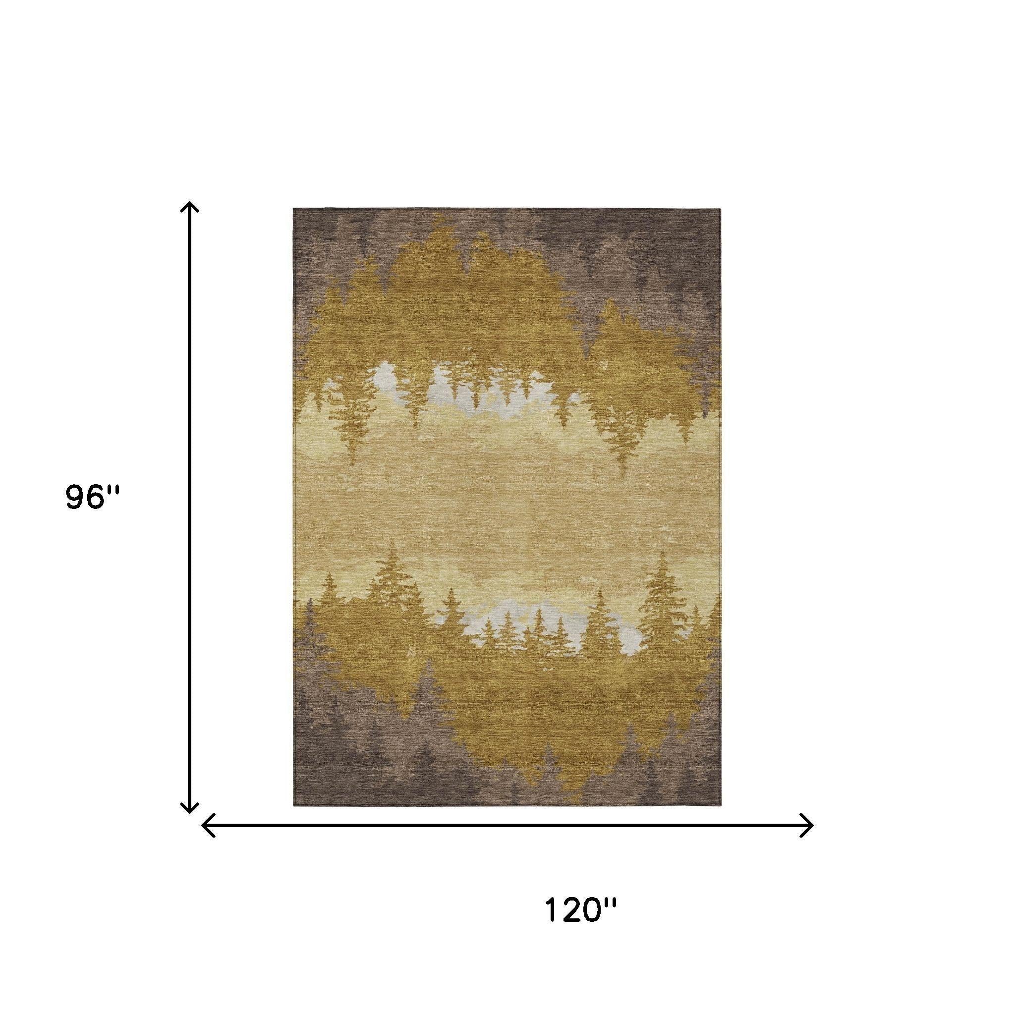 8' X 10' Walnut And Gold Floral Washable Indoor Outdoor Area Rug Homeroots Outdoor