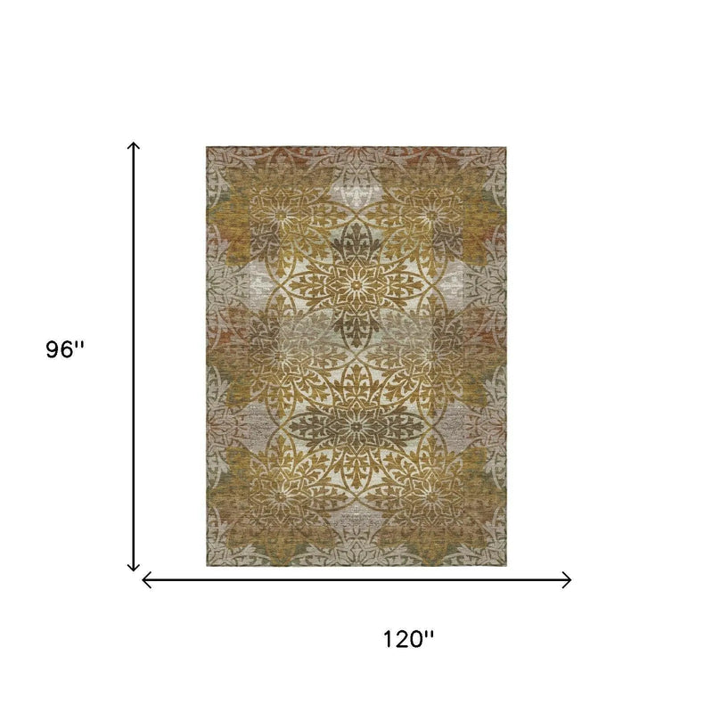 8' X 10' Walnut And Gold Oriental Washable Indoor Outdoor Area Rug Homeroots Outdoor