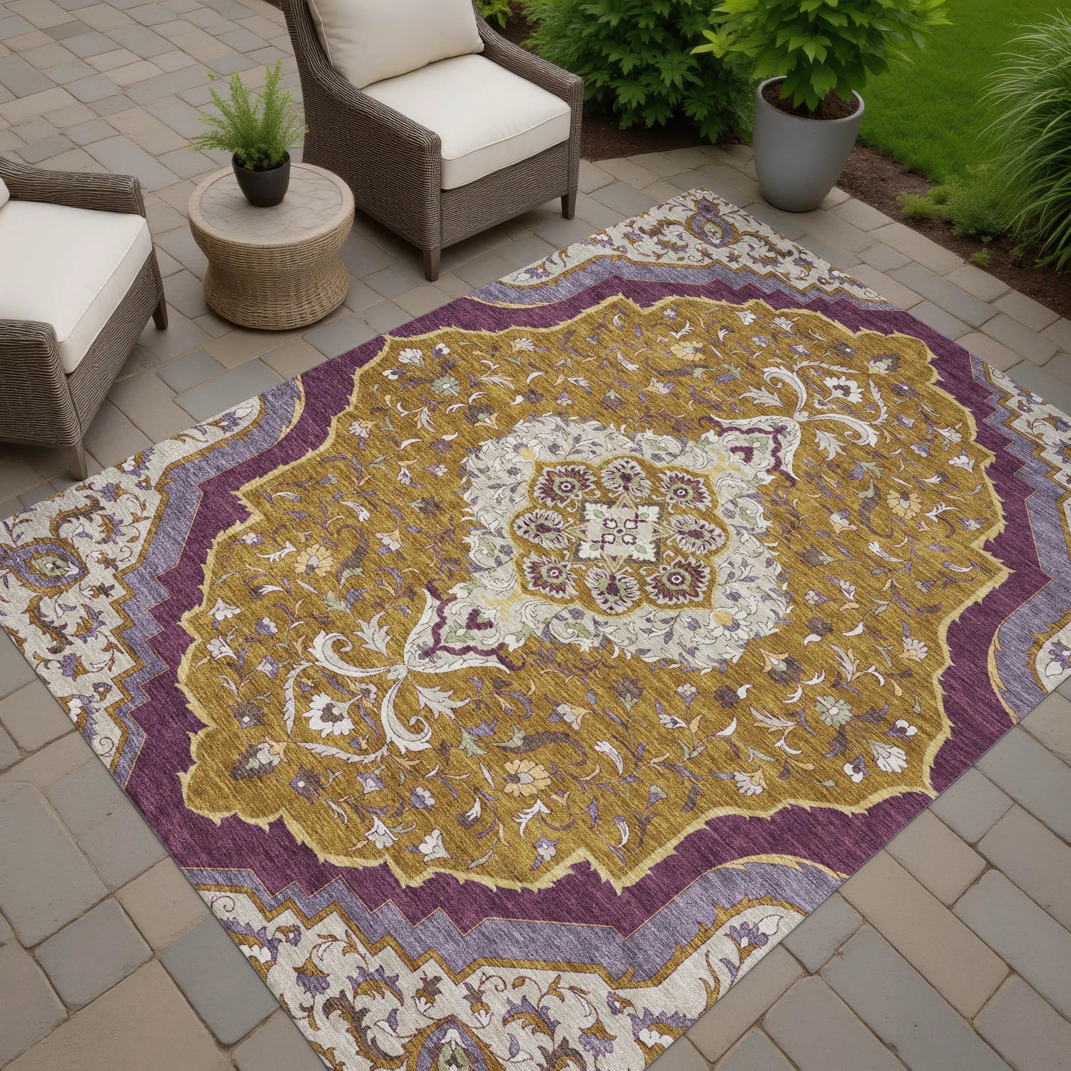 8' X 10' Walnut And Orange Medallion Washable Indoor Outdoor Area Rug Homeroots Outdoor