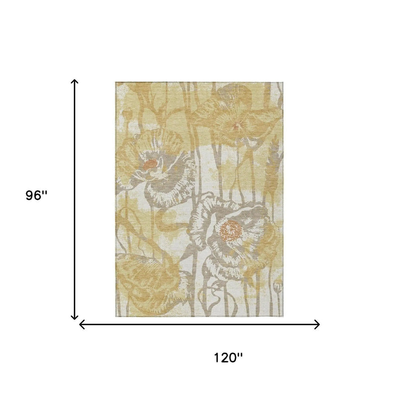8' X 10' Wheat And Gold Floral Washable Indoor Outdoor Area Rug Homeroots Outdoor