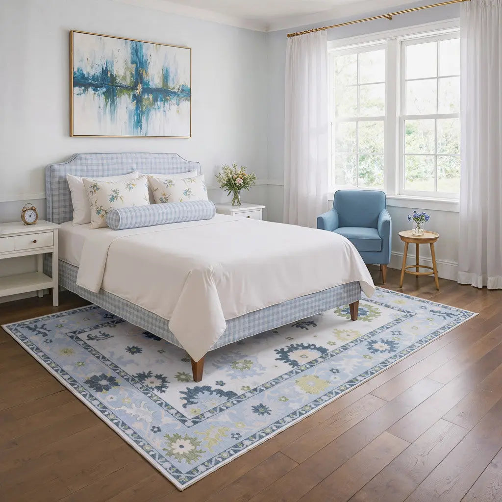 8' X 10' White And Blue Oriental Washable Area Rug Homeroots Home Decor