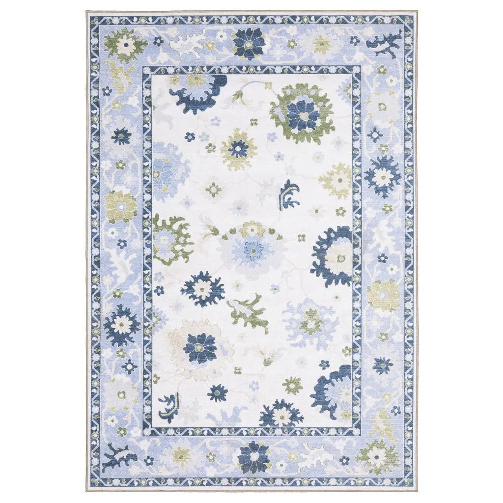 8' X 10' White And Blue Oriental Washable Area Rug Homeroots Home Decor