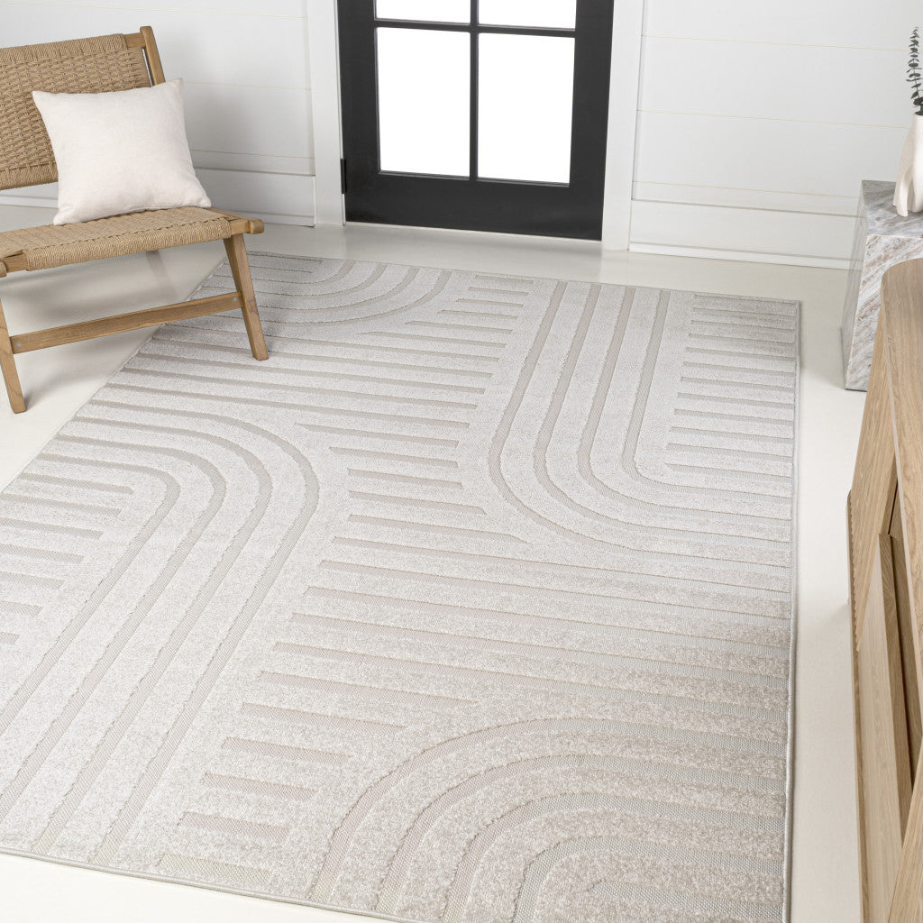 8' X 10' White And Cream Striped Indoor Outdoor Area Rug - GreatEagleInc