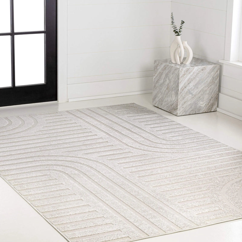 8' X 10' White And Cream Striped Indoor Outdoor Area Rug - GreatEagleInc