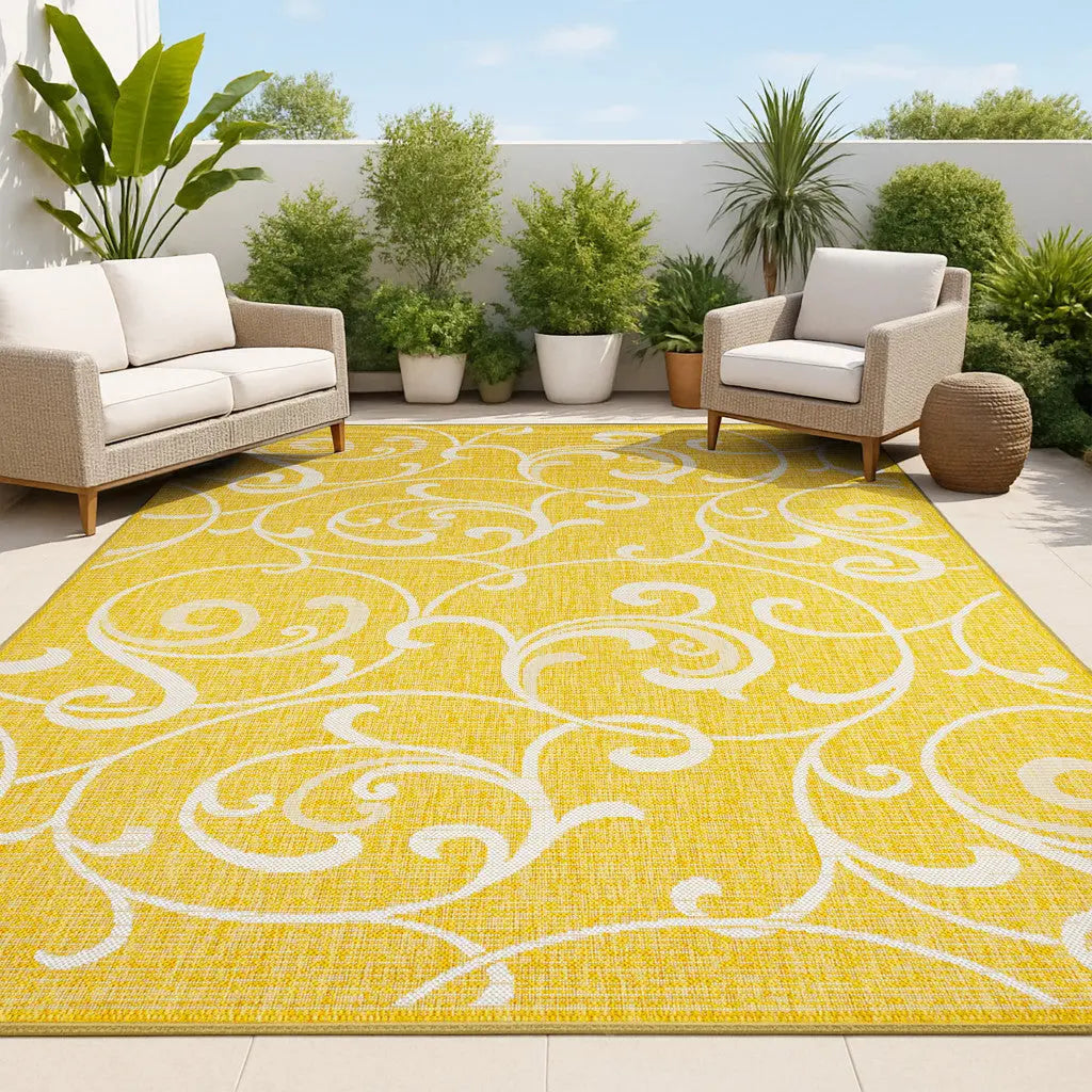 8' X 10' Yellow And Cream Floral Indoor Outdoor Area Rug Homeroots Outdoor