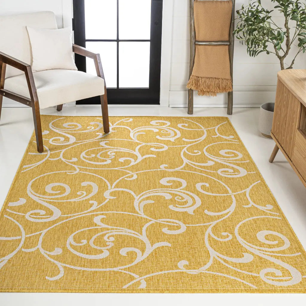 8' X 10' Yellow And Cream Floral Indoor Outdoor Area Rug Homeroots Outdoor