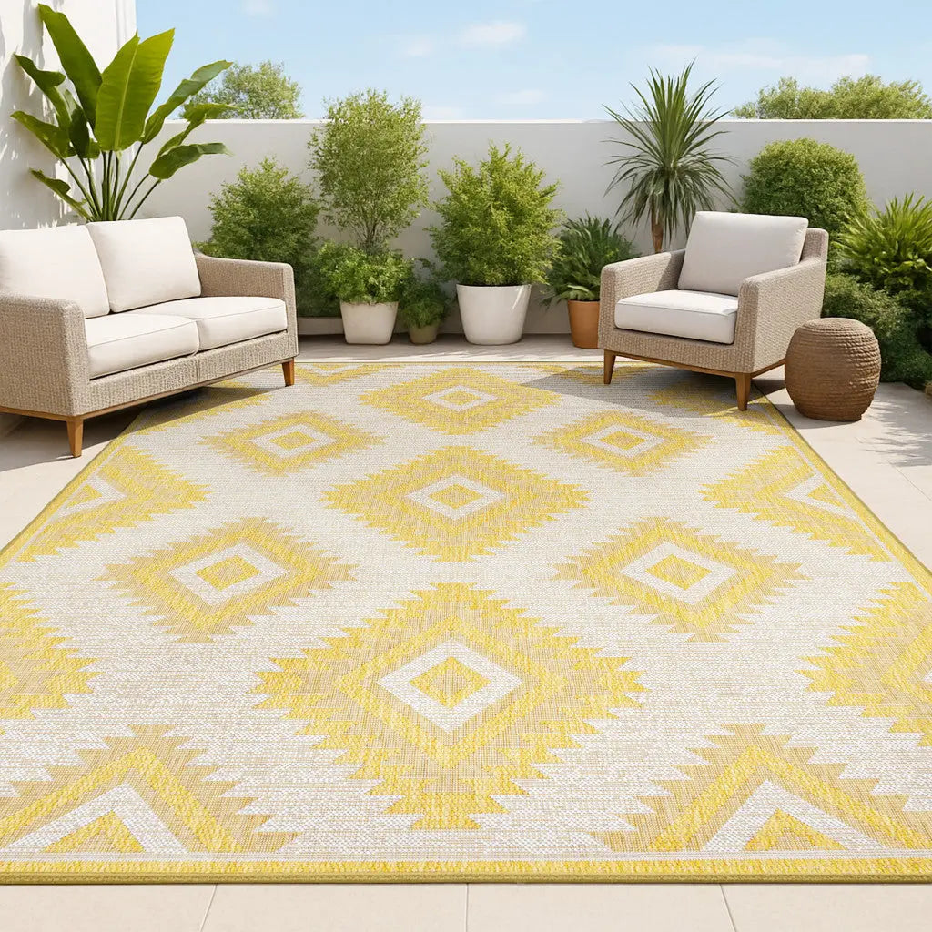 8' X 10' Yellow And Cream Moroccan Indoor Outdoor Area Rug - GreatEagleInc