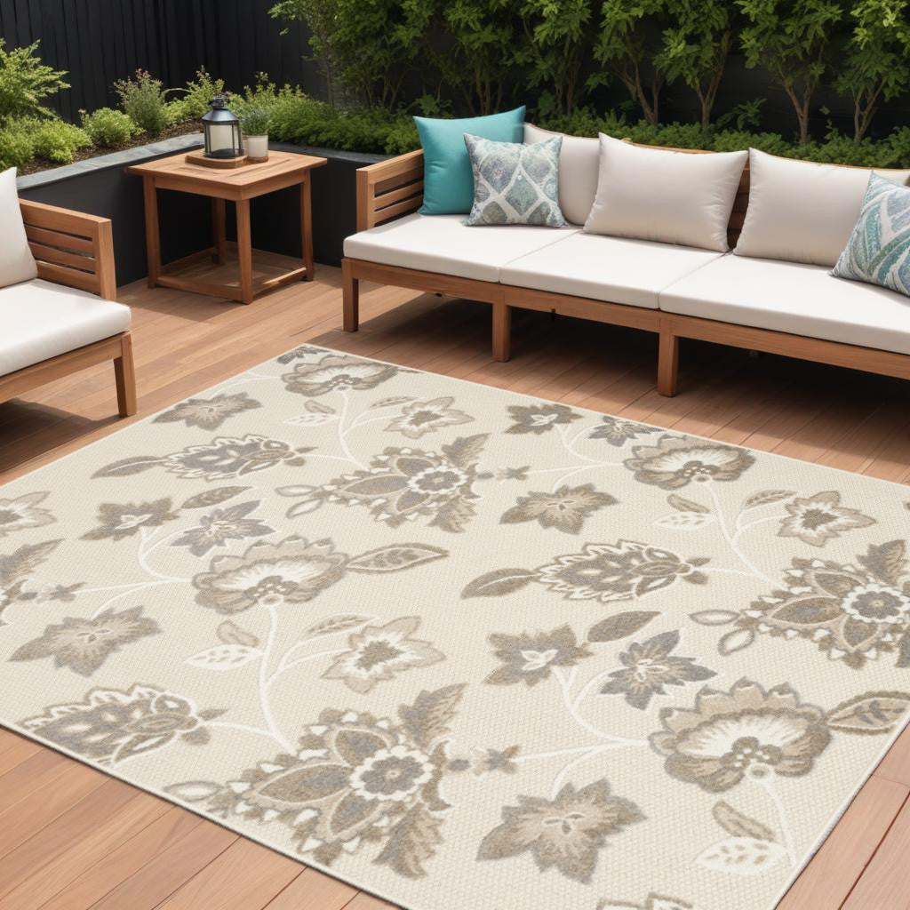 8' X 11' Beige Floral Non Skid Indoor Outdoor Area Rug Homeroots Outdoor