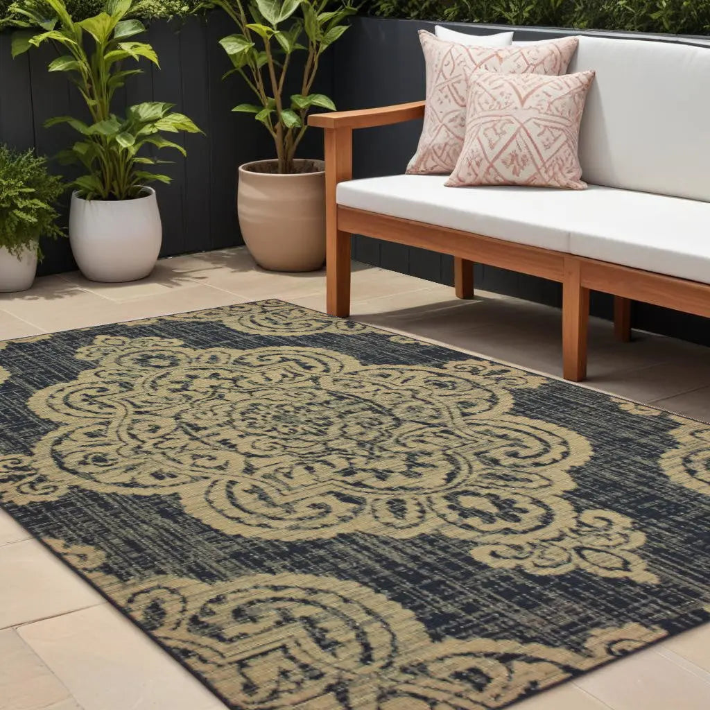 8' X 11' Black and Tan Oriental Stain Resistant Indoor Outdoor Area Rug Homeroots Outdoor
