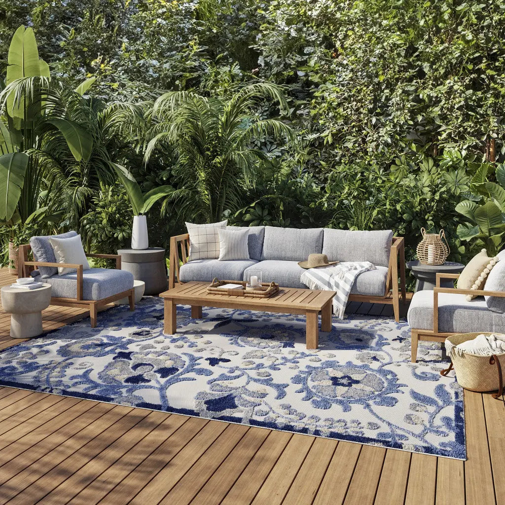 8' X 11' Blue And Gray Floral Indoor Outdoor Area Rug Homeroots Outdoor