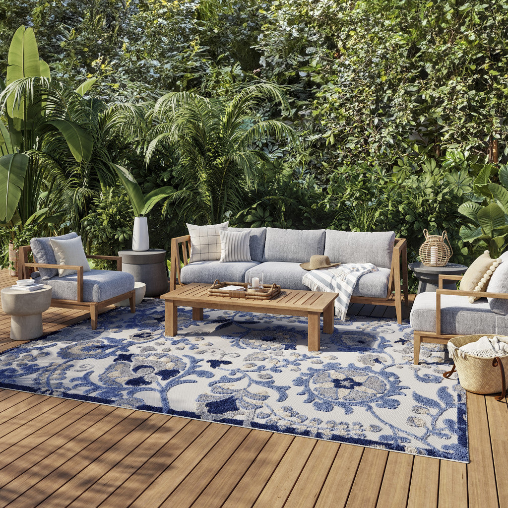 8' X 11' Blue And Gray Floral Indoor Outdoor Area Rug Homeroots Outdoor