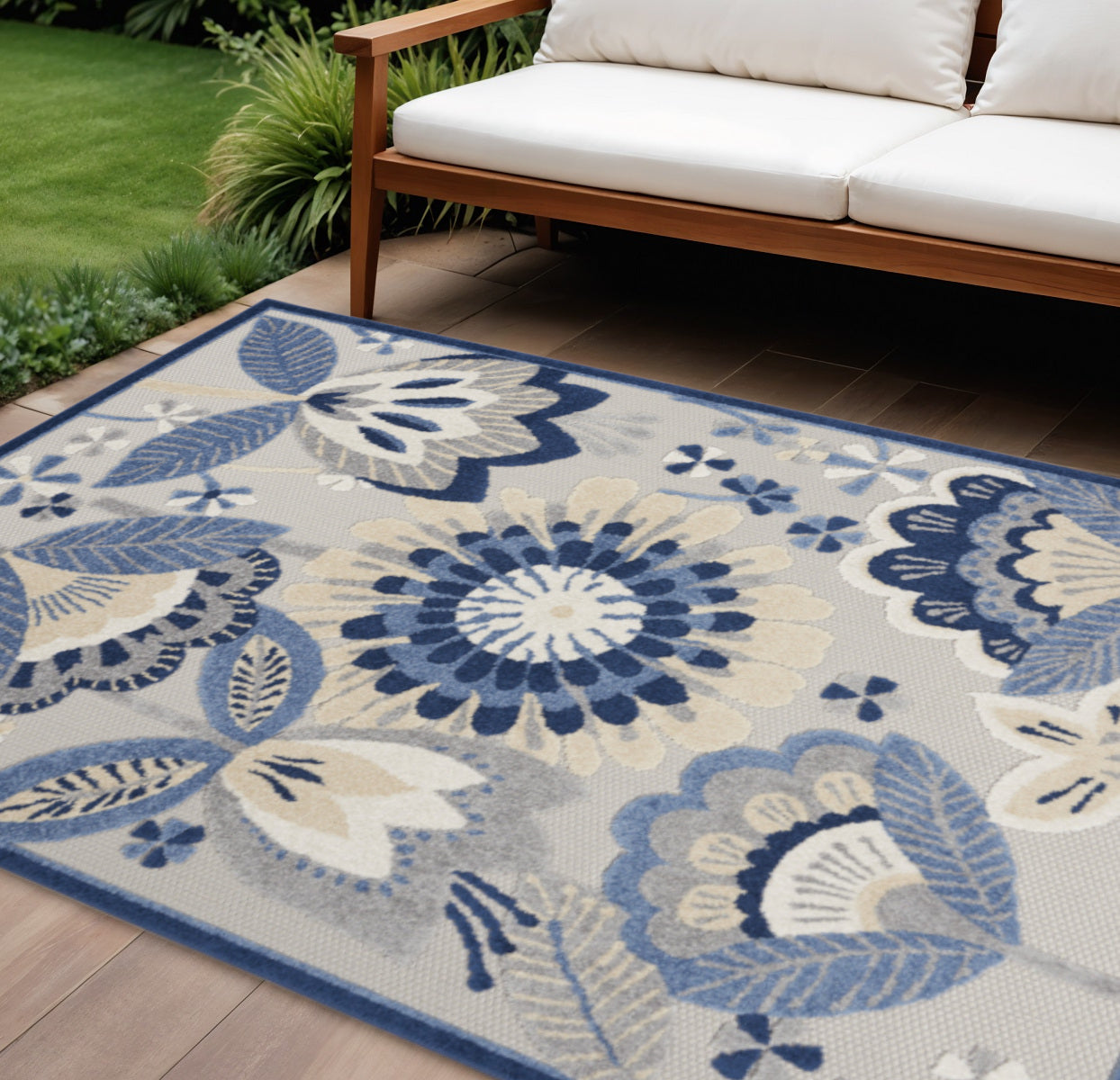 8' X 11' Blue And Gray Floral Indoor Outdoor Area Rug Homeroots Outdoor