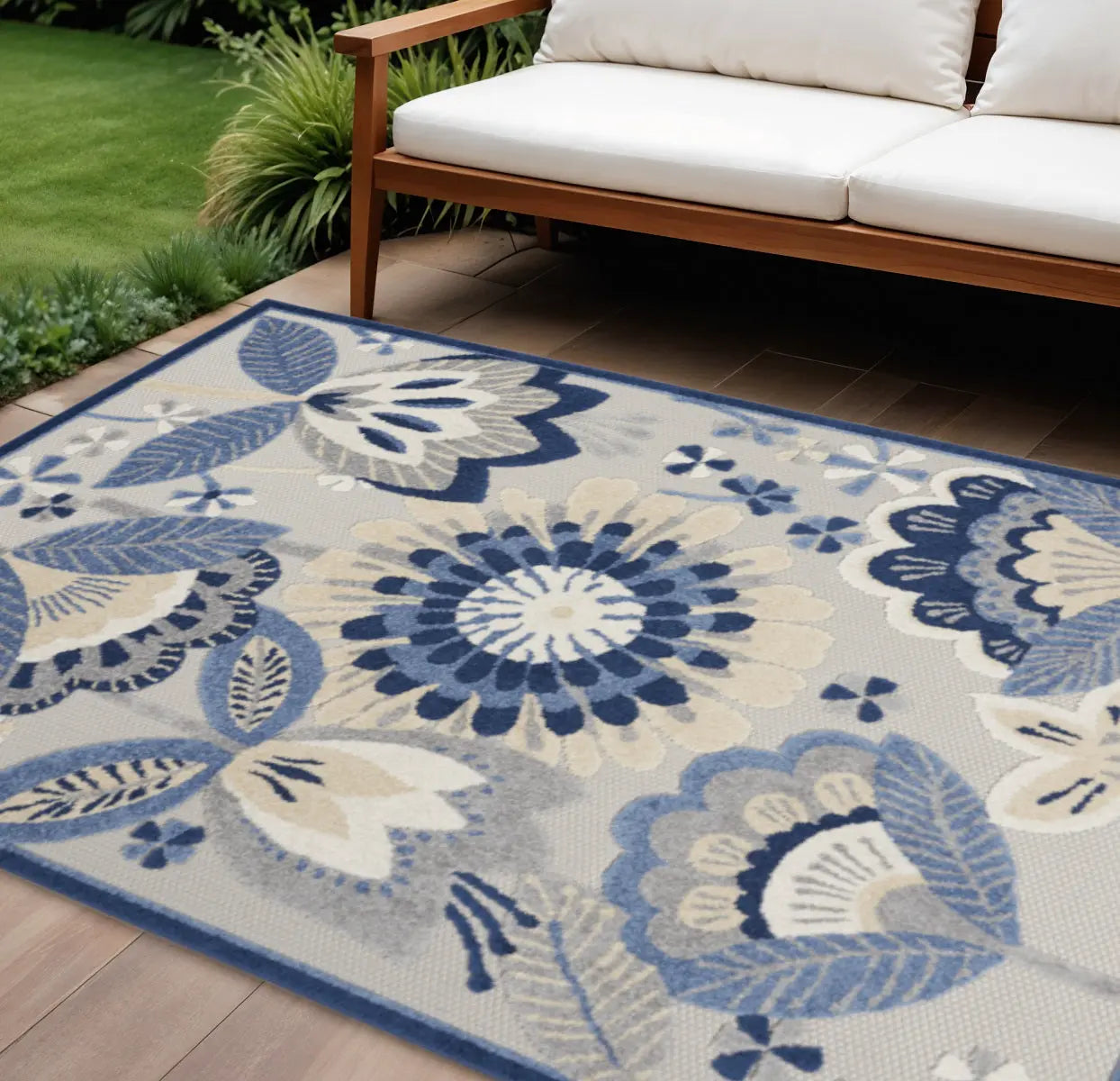 8' X 11' Blue And Gray Floral Indoor Outdoor Area Rug Homeroots Outdoor