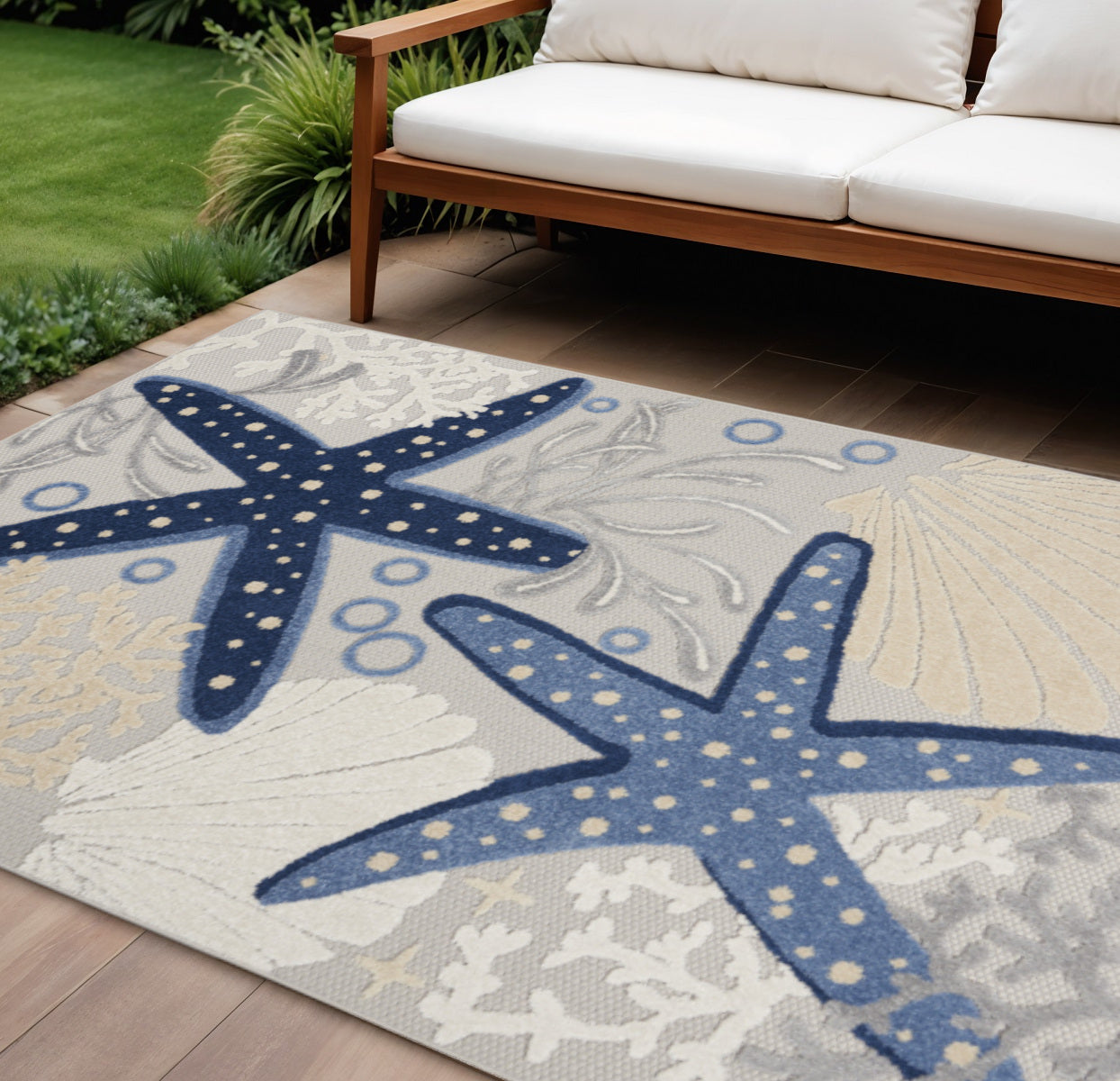 8' X 11' Blue And Gray Starfish Indoor Outdoor Area Rug Homeroots Outdoor