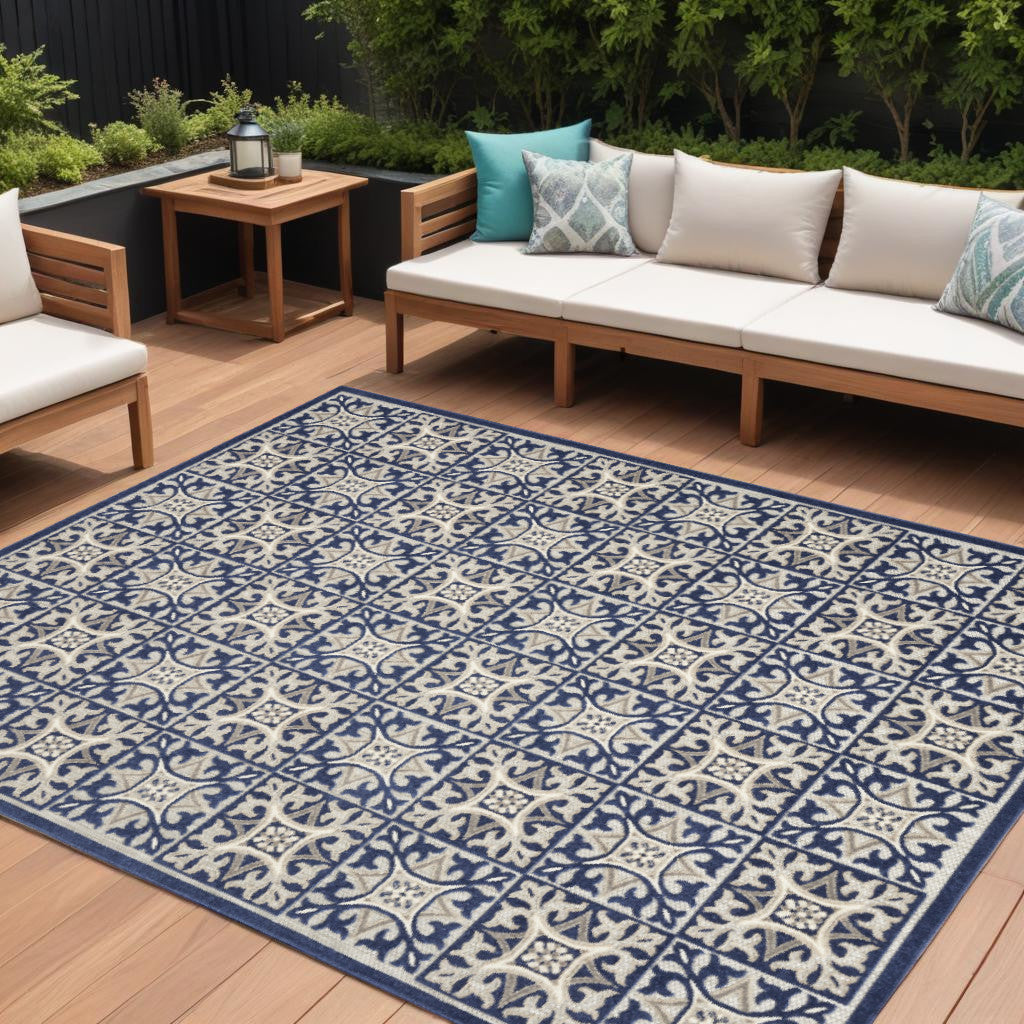 8' X 11' Blue Geometric Non Skid Indoor Outdoor Area Rug Homeroots Outdoor