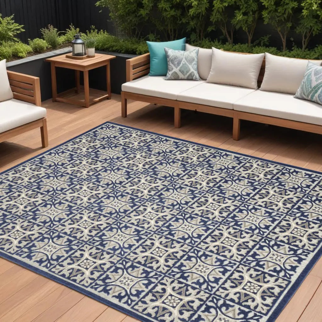 8' X 11' Blue Geometric Non Skid Indoor Outdoor Area Rug Homeroots Outdoor