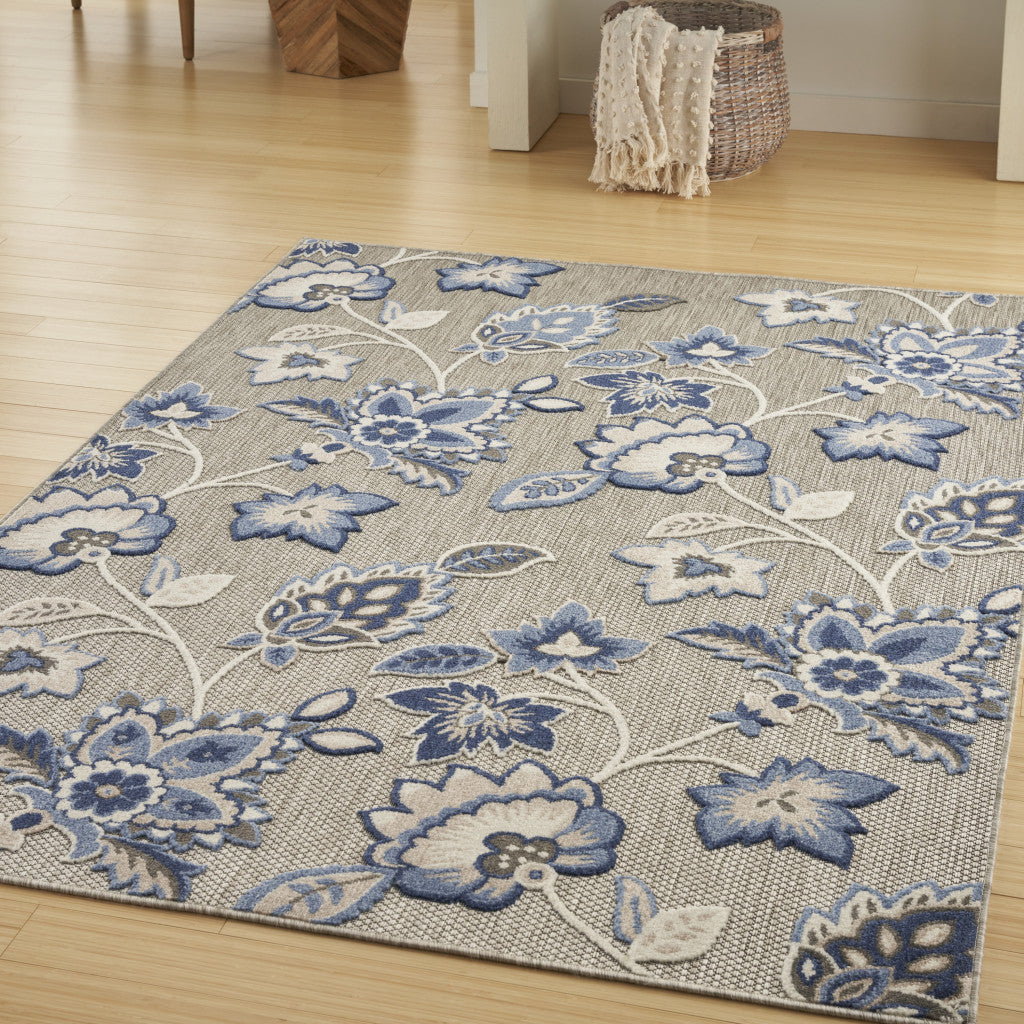 8' X 11' Blue and Gray Floral Non Skid Indoor Outdoor Area Rug Homeroots Outdoor