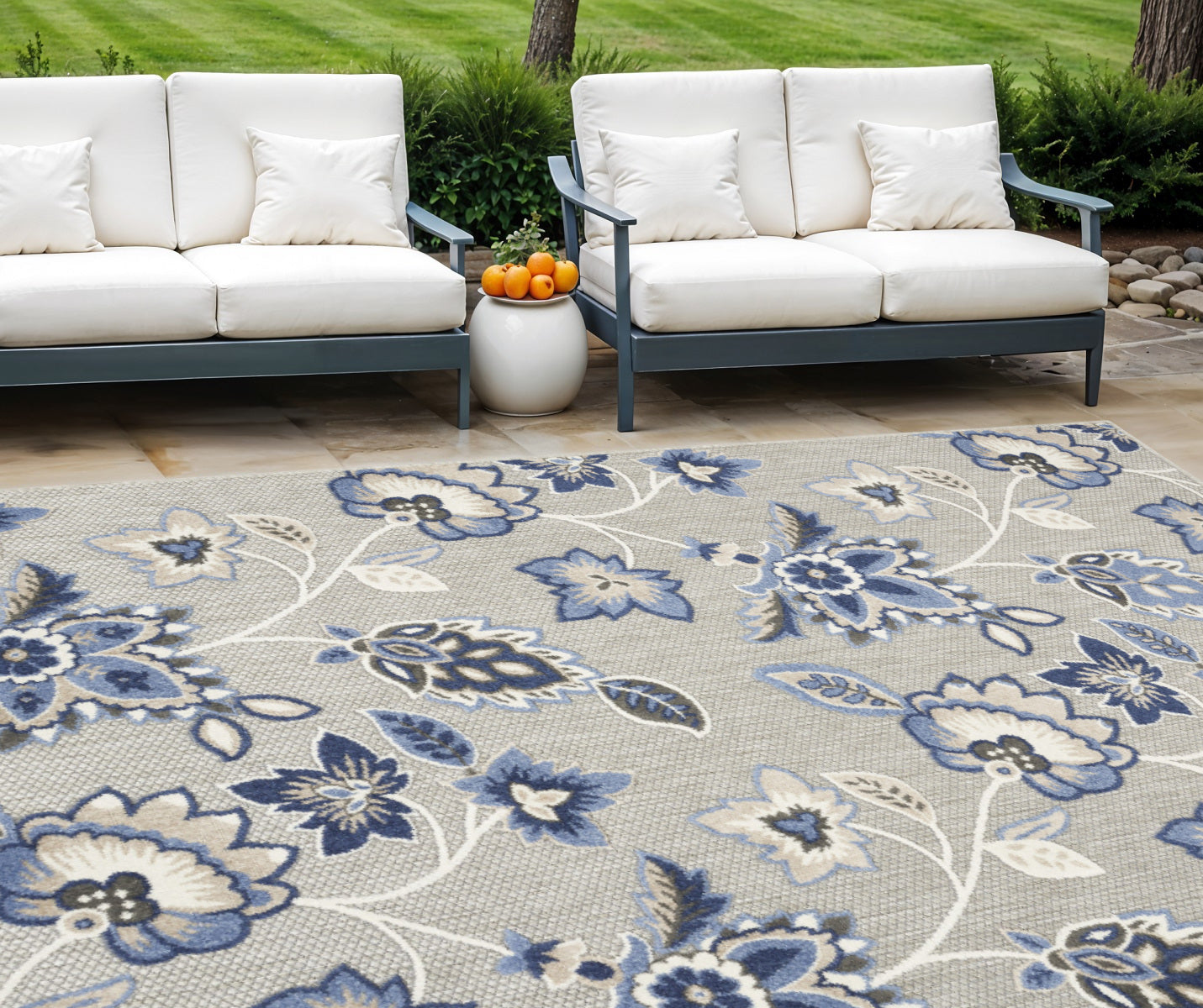 8' X 11' Blue and Gray Floral Non Skid Indoor Outdoor Area Rug Homeroots Outdoor
