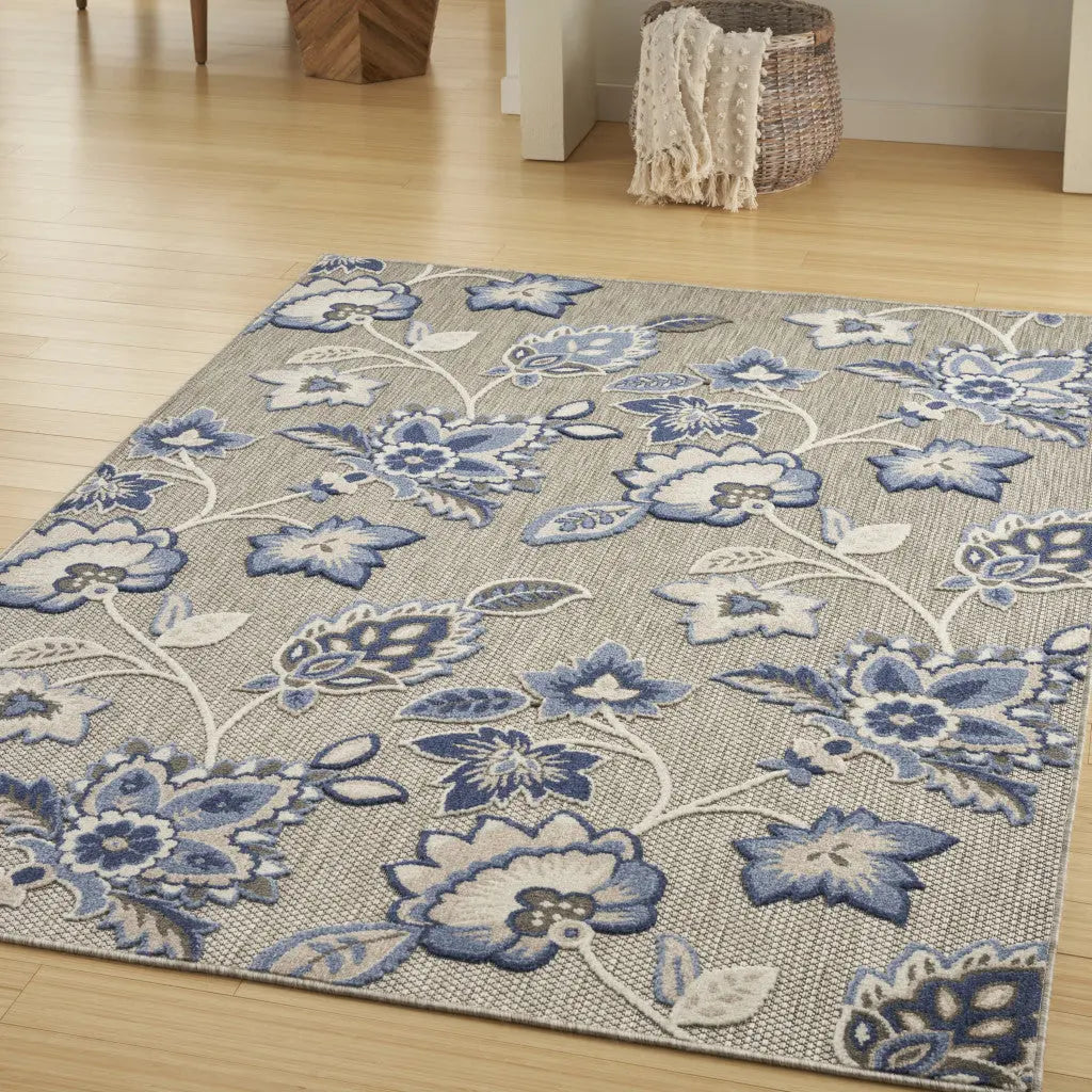 8' X 11' Blue and Gray Floral Non Skid Indoor Outdoor Area Rug Homeroots Outdoor