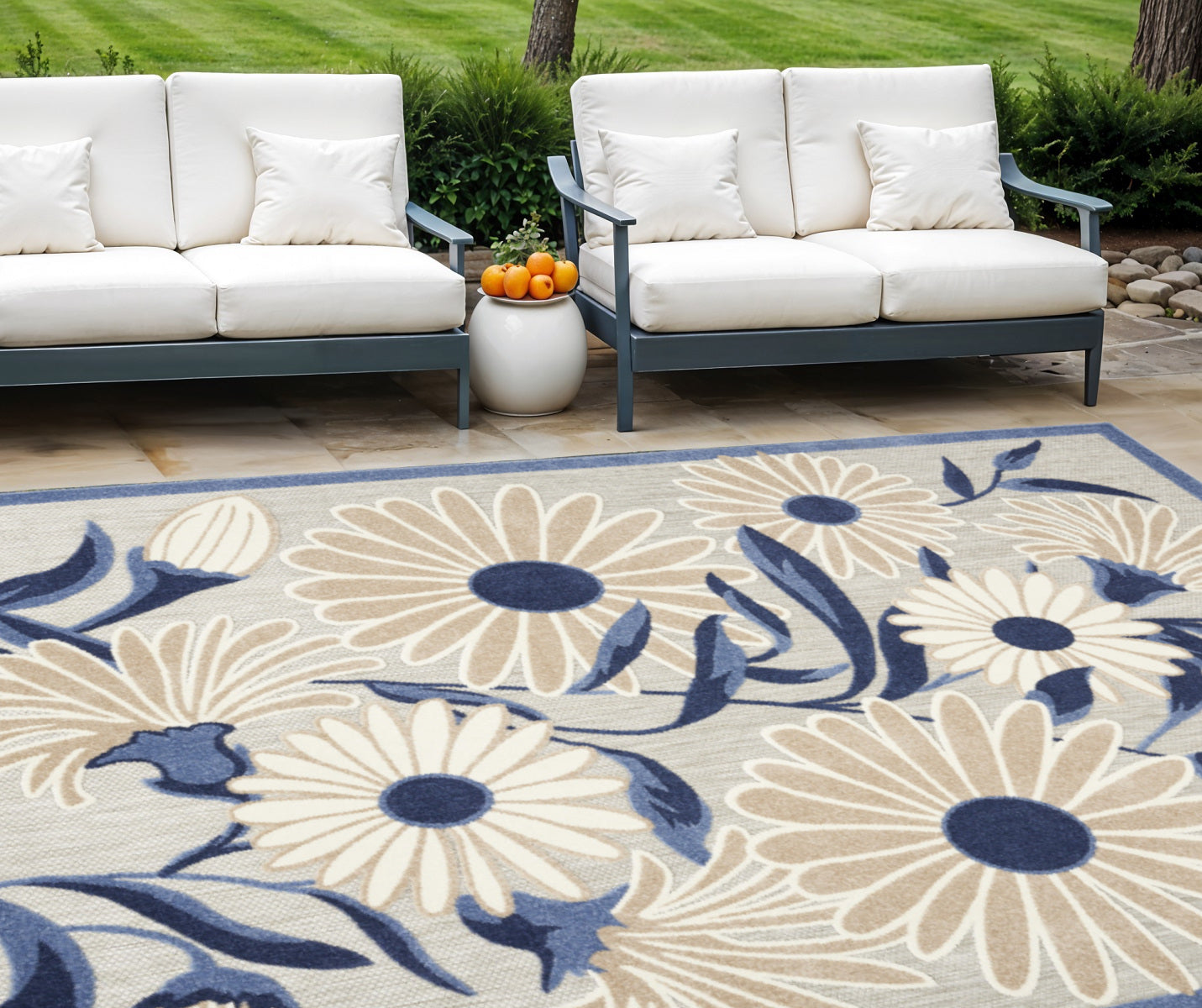 8' X 11' Blue and Gray Floral Non Skid Indoor Outdoor Area Rug Homeroots Outdoor