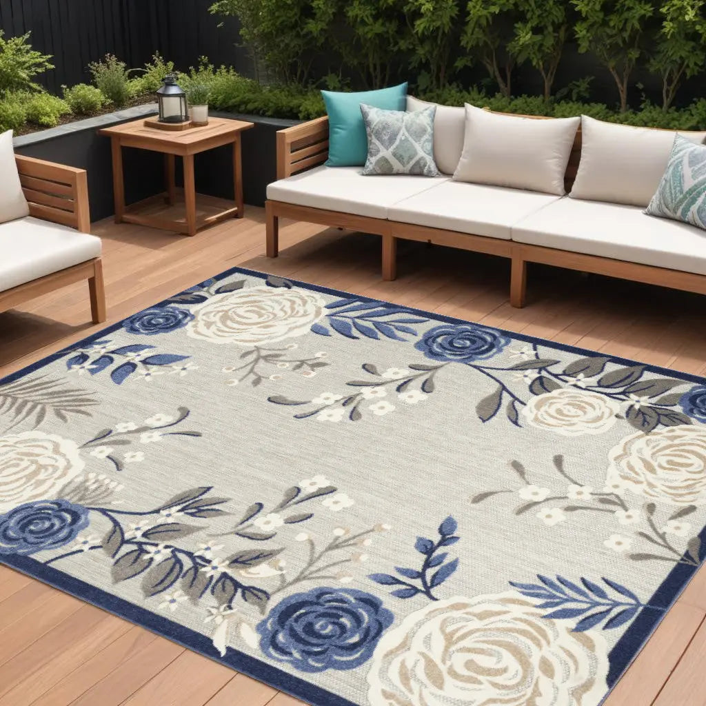 8' X 11' Blue and Gray Floral Non Skid Indoor Outdoor Area Rug Homeroots Outdoor