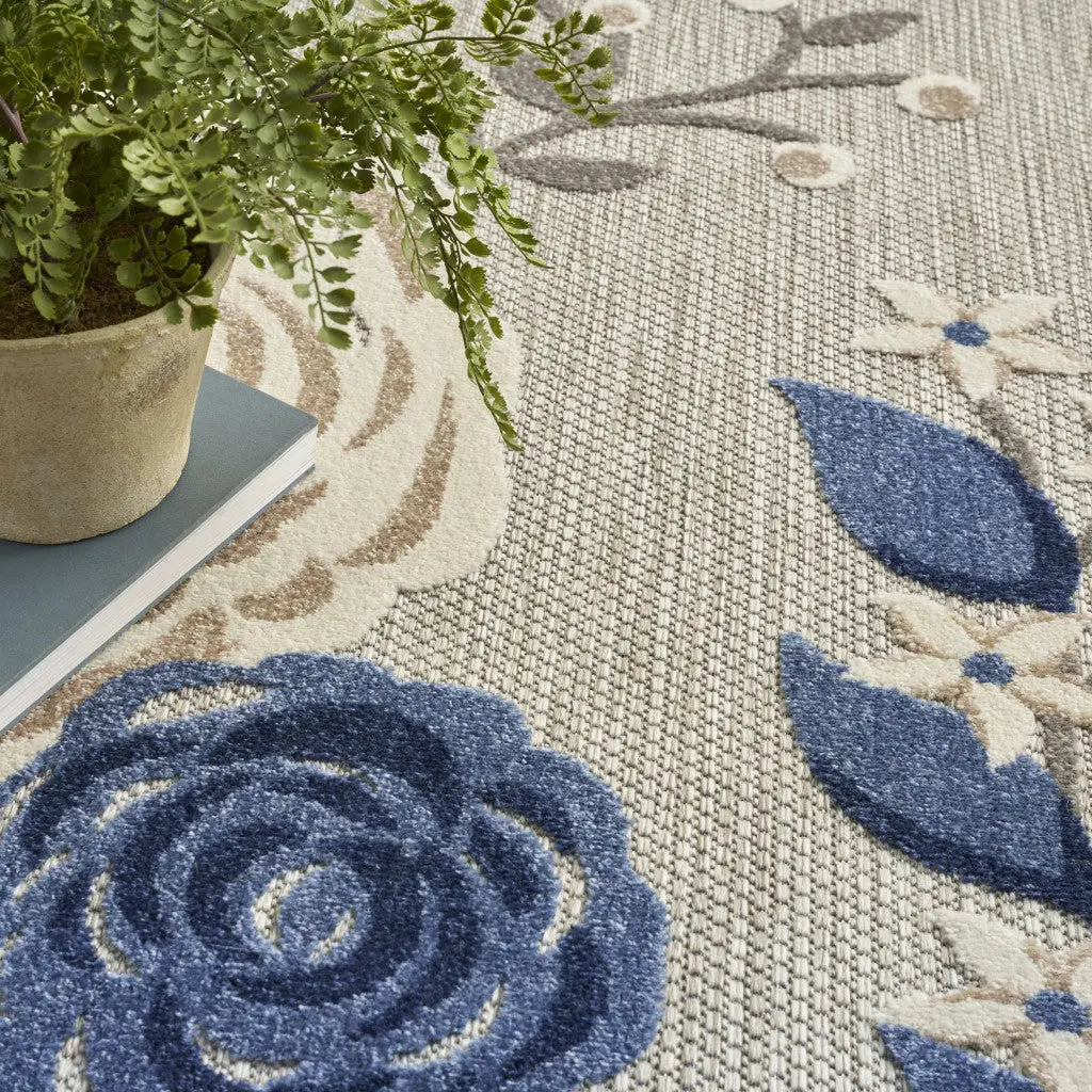 8' X 11' Blue and Gray Floral Non Skid Indoor Outdoor Area Rug Homeroots Outdoor
