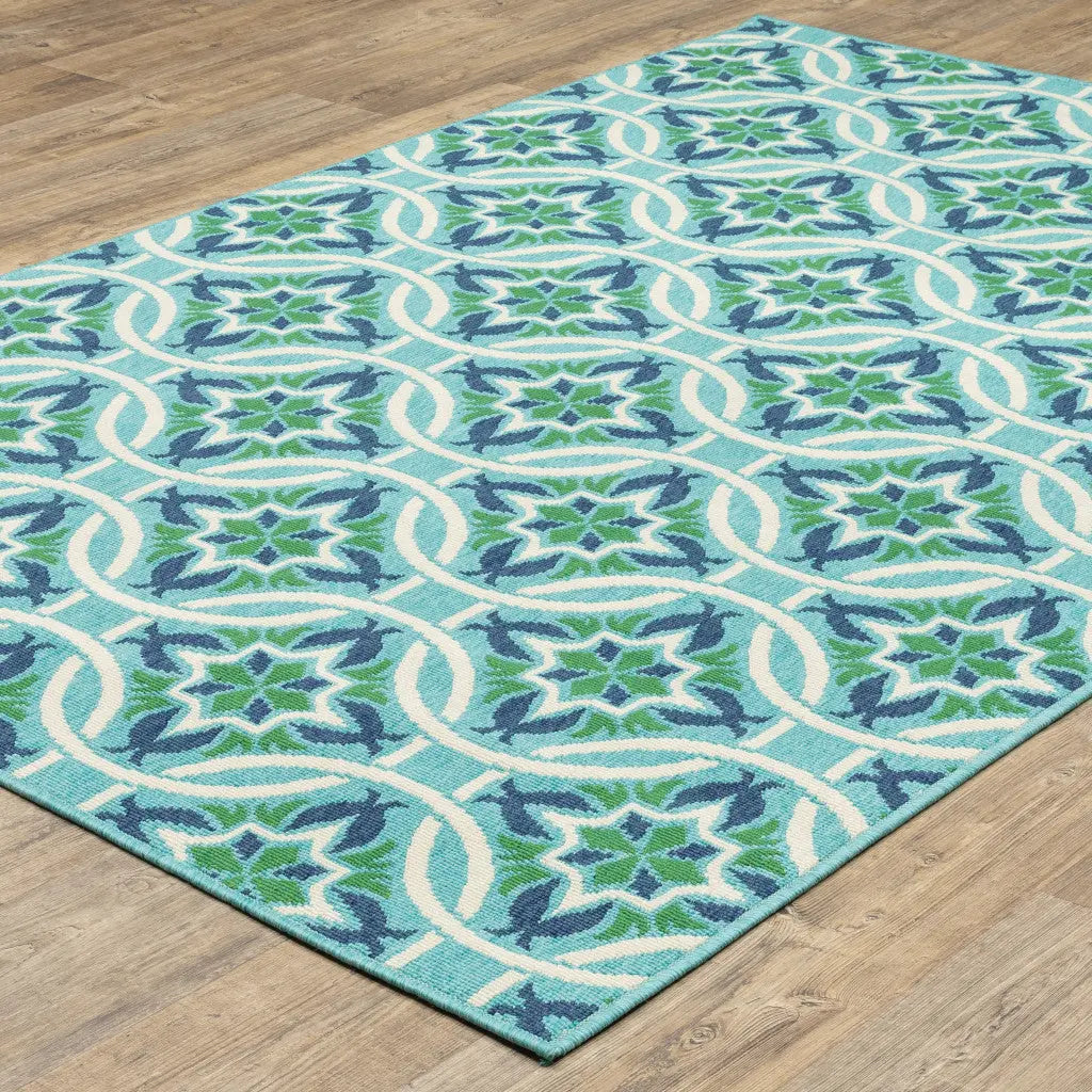 8' X 11' Blue and Green Geometric Stain Resistant Indoor Outdoor Area Rug Homeroots Outdoor