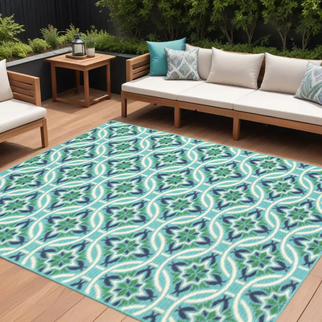 8' X 11' Blue and Green Geometric Stain Resistant Indoor Outdoor Area Rug Homeroots Outdoor