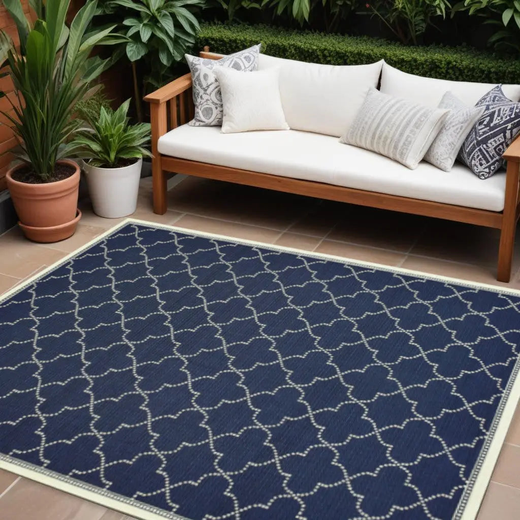 8' X 11' Blue and Ivory Geometric Stain Resistant Indoor Outdoor Area Rug Homeroots Outdoor