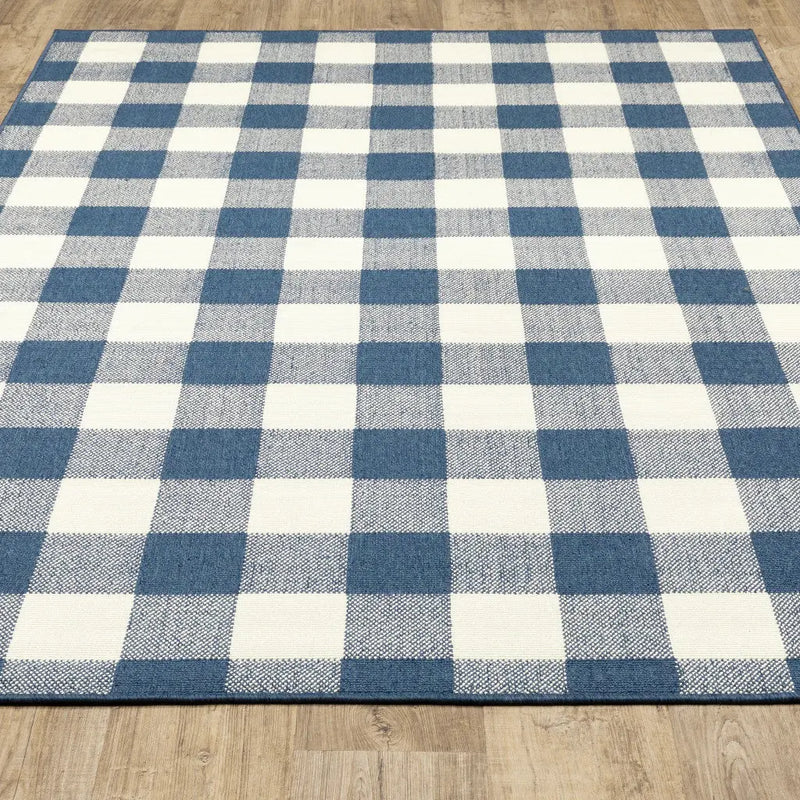 8' X 11' Blue and Ivory Geometric Stain Resistant Indoor Outdoor Area Rug Homeroots Outdoor