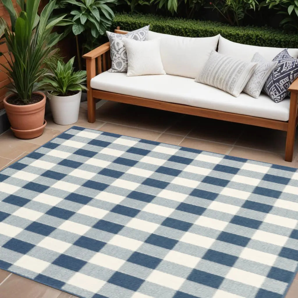 8' X 11' Blue and Ivory Geometric Stain Resistant Indoor Outdoor Area Rug Homeroots Outdoor