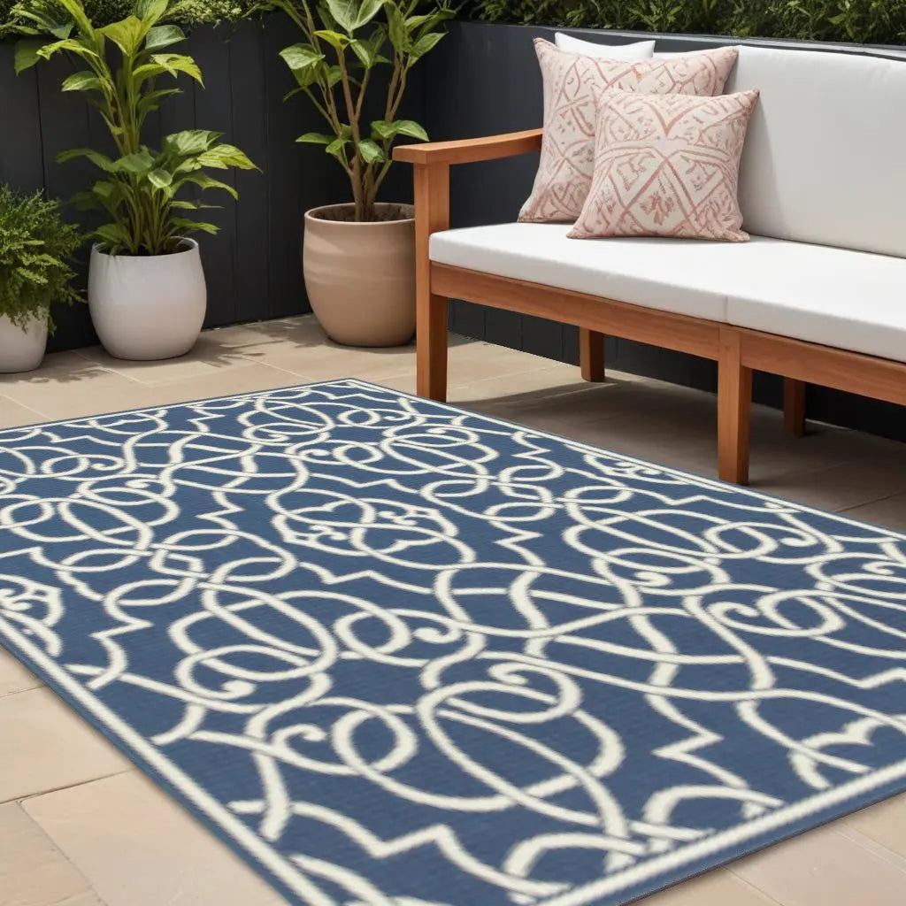 8' X 11' Blue and Ivory Geometric Stain Resistant Indoor Outdoor Area Rug Homeroots Outdoor
