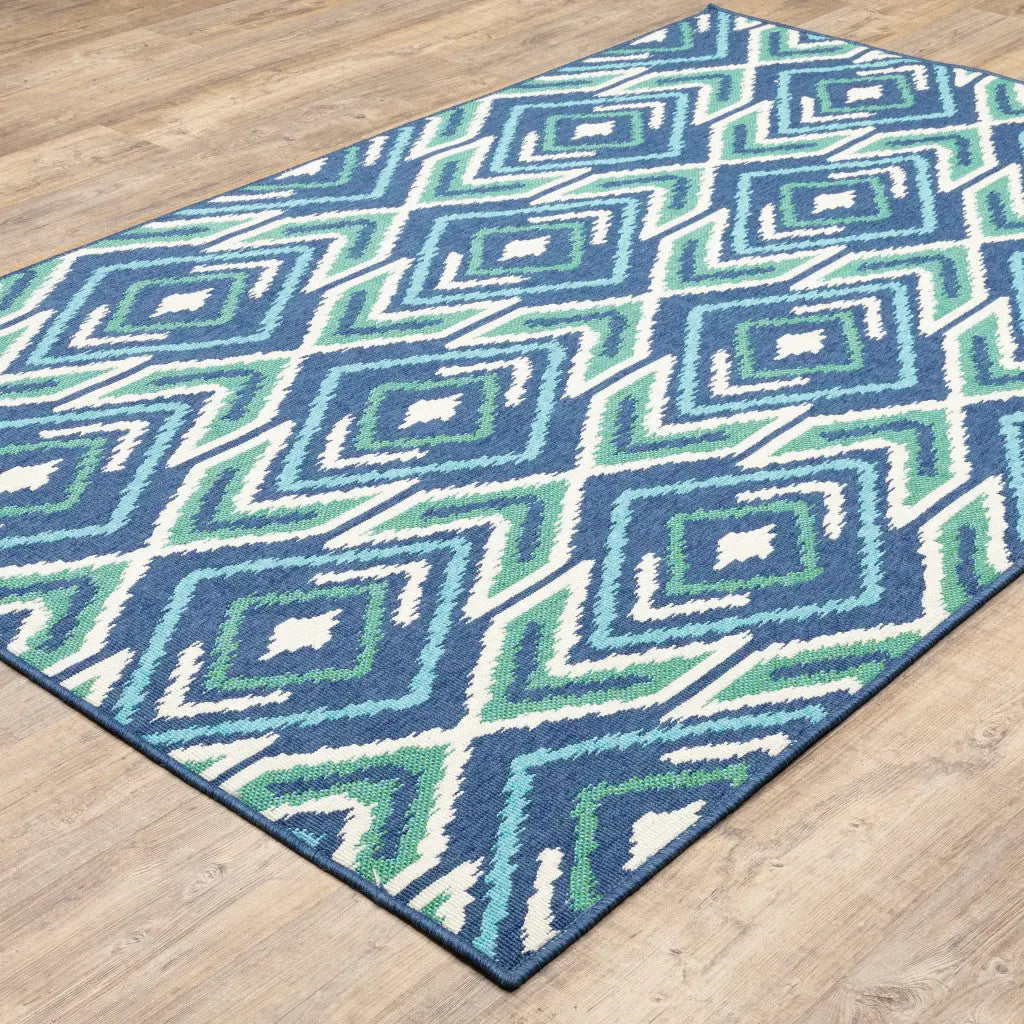8' X 11' Blue and Ivory Geometric Stain Resistant Indoor Outdoor Area Rug Homeroots Outdoor