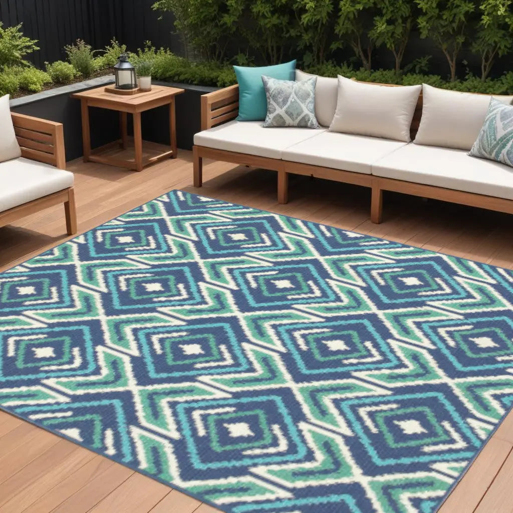 8' X 11' Blue and Ivory Geometric Stain Resistant Indoor Outdoor Area Rug Homeroots Outdoor