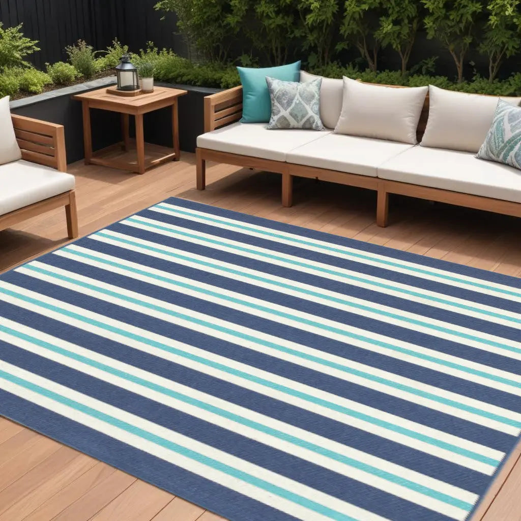 8' X 11' Blue and Ivory Geometric Stain Resistant Indoor Outdoor Area Rug Homeroots Outdoor