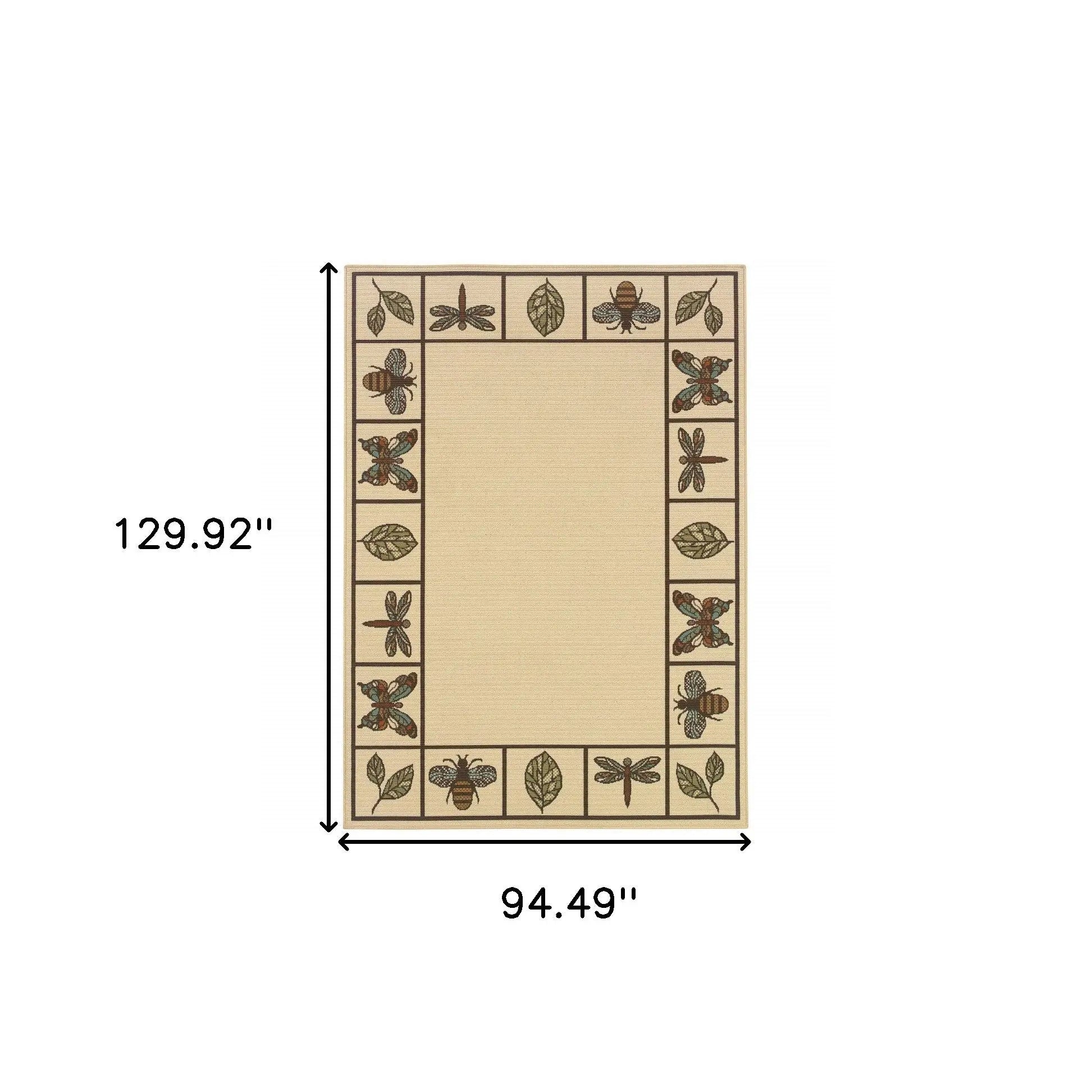 Beige outdoor area rug with insect and leaf motifs, measuring 129.92" x 94.49", perfect for patios and gardens.