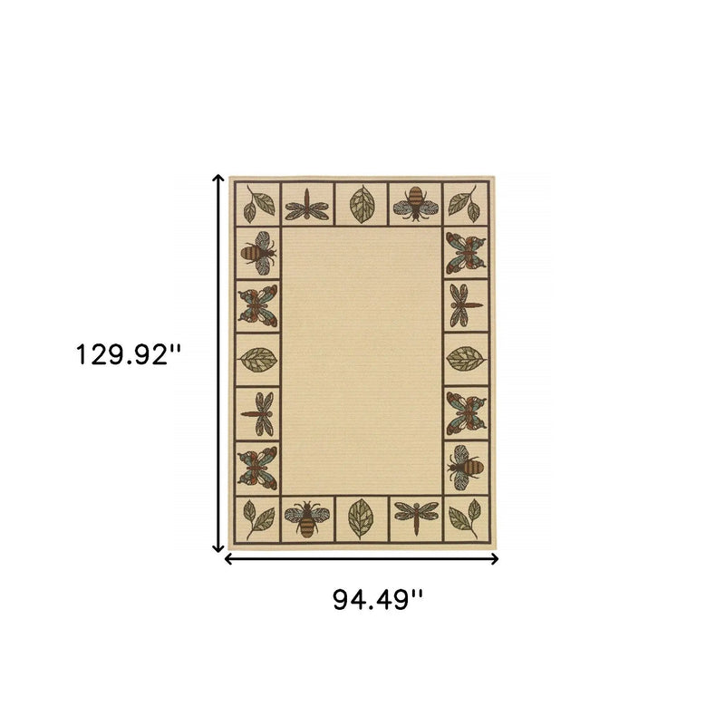 Beige outdoor area rug with insect and leaf motifs, measuring 129.92" x 94.49", perfect for patios and gardens.