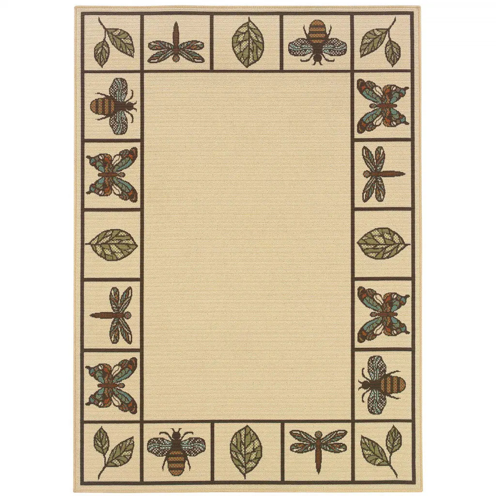 Beige outdoor rug with leaf and insect pattern, made of durable polypropylene, perfect for patios and gardens.