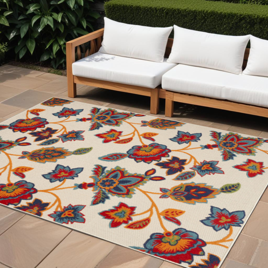 8' X 11' Gray Blue and Orange Floral Non Skid Indoor Outdoor Area Rug Homeroots Outdoor