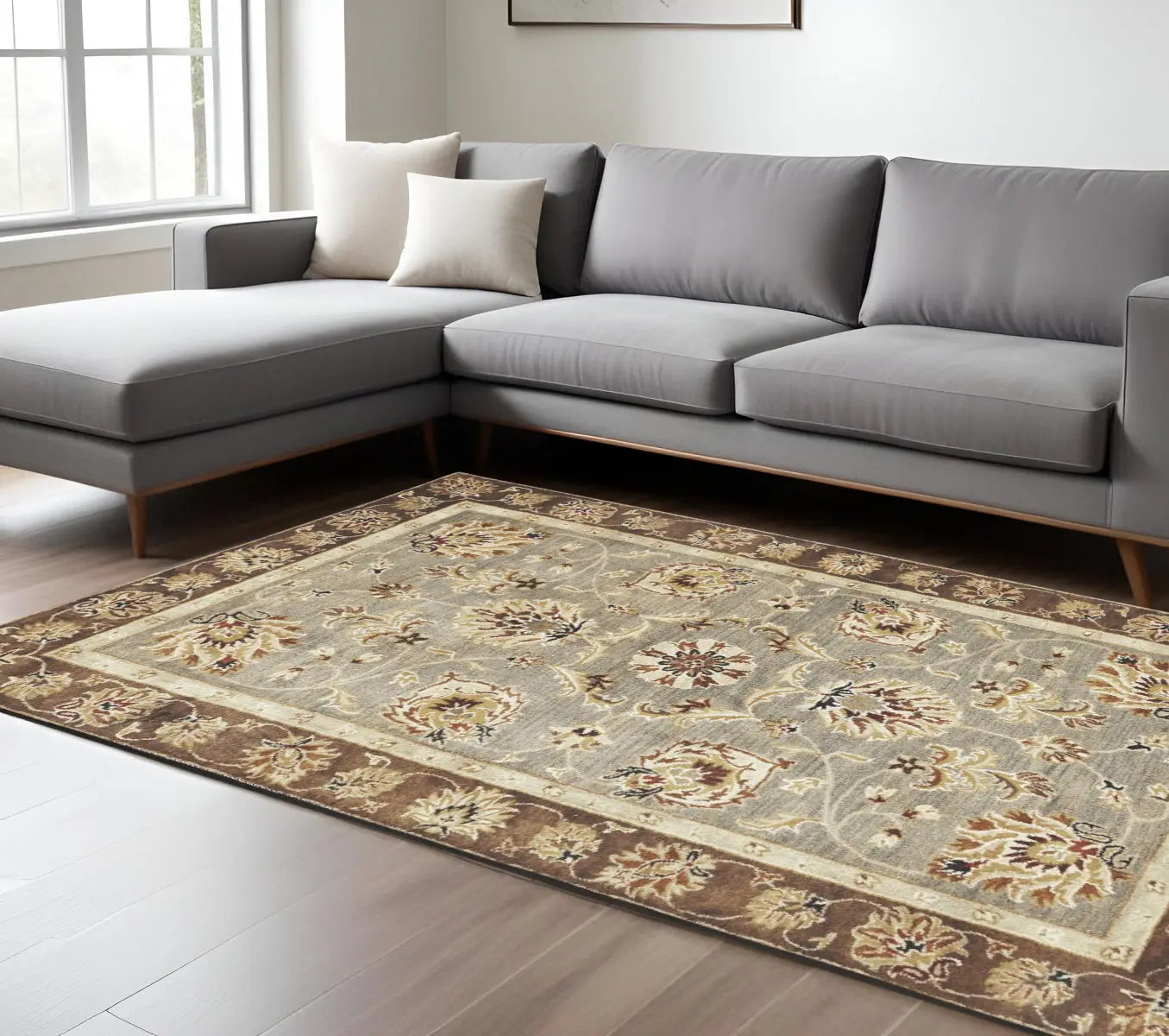 8' X 11' Gray Brown And Ivory New Zealand Lambs Wool Floral Medallion Hand Tufted Area Rug Homeroots Home Decor