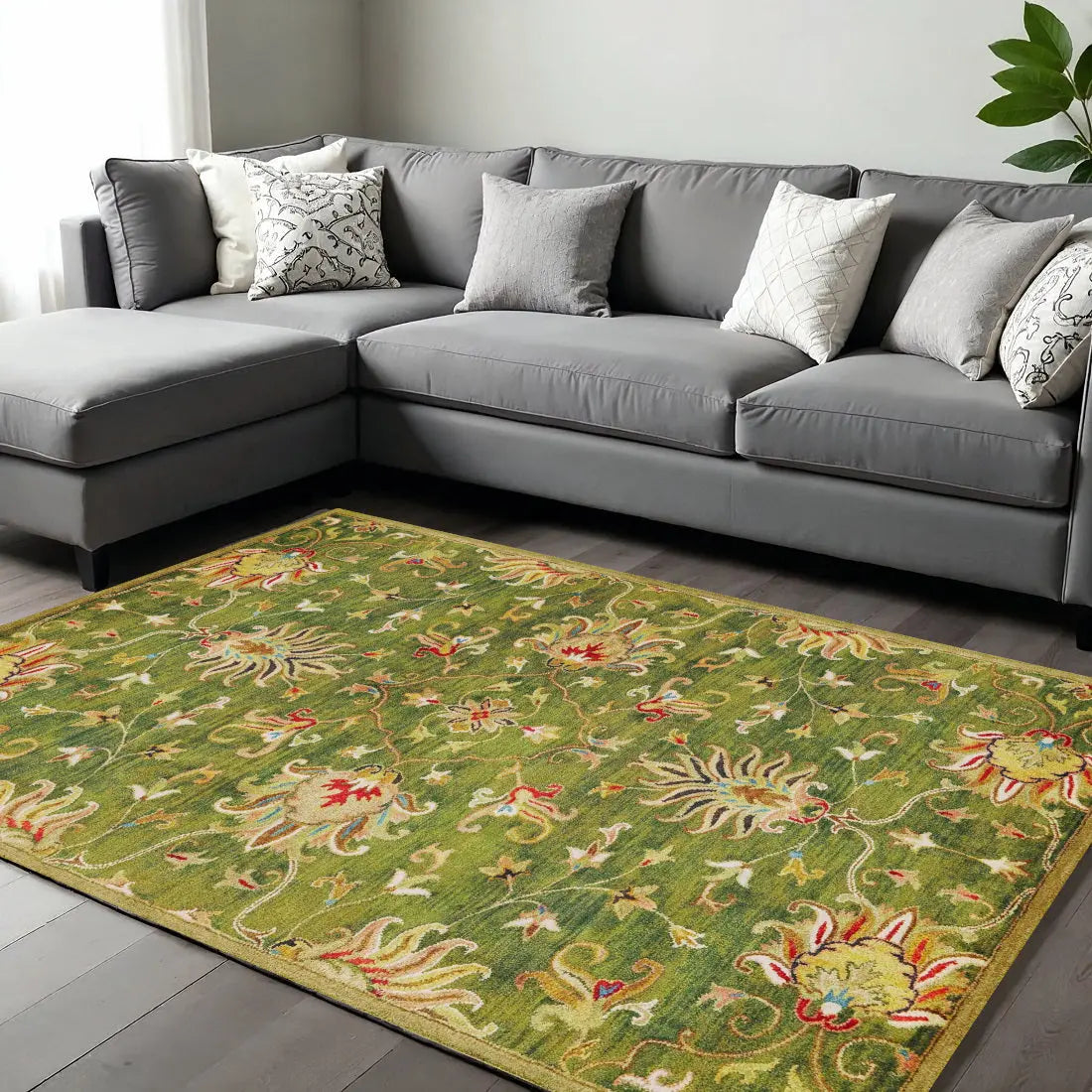 8' X 11' Green Red And Ivory Wool Floral Medallion Hand Tufted Area Rug Homeroots Home Decor