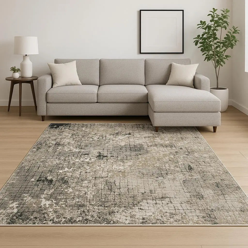 8' X 11' Grey Ivory Beige Charcoal Black Tan And Brown Abstract Power Loom Stain Resistant Area Rug Homeroots Home Decor
