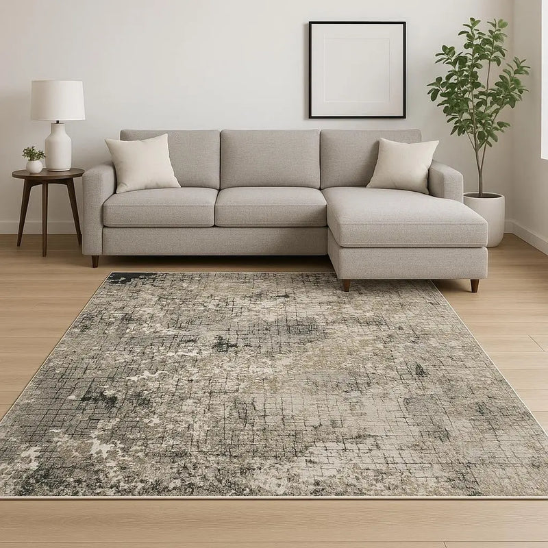 8' X 11' Grey Ivory Beige Charcoal Black Tan And Brown Abstract Power Loom Stain Resistant Area Rug Homeroots Home Decor