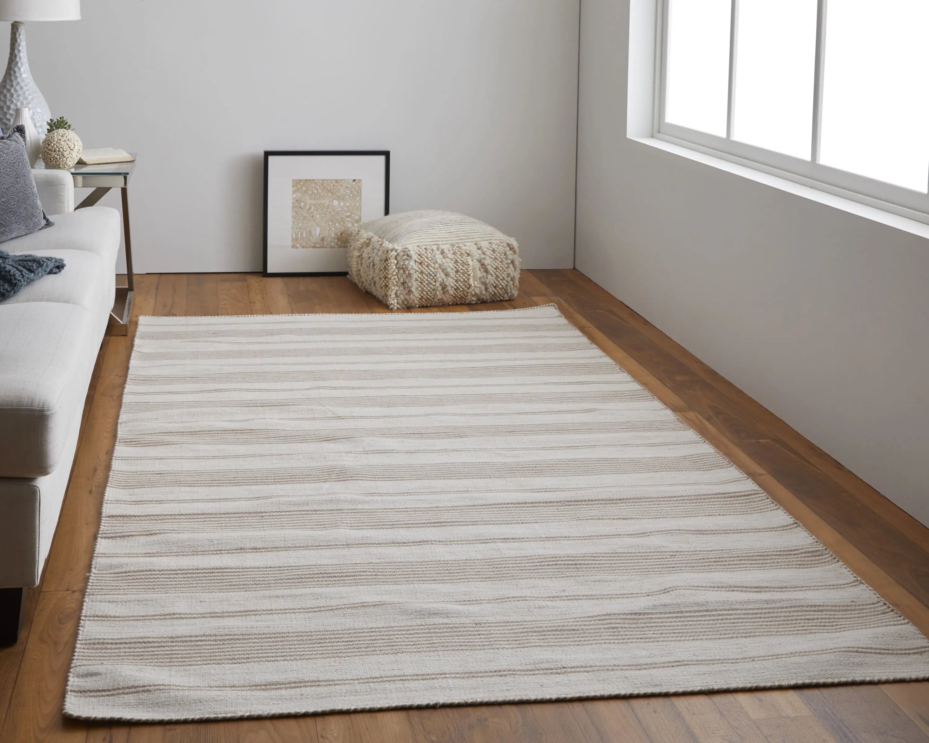 8' X 11' Ivory And Taupe Striped Hand Woven Area Rug Homeroots Outdoor